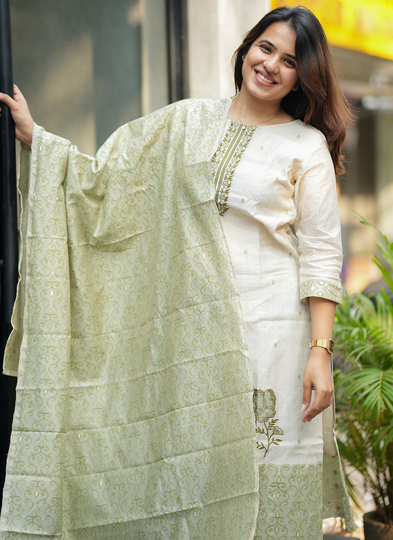 Cream And Green Woven Cotton Outwear Kurta And Dupatta