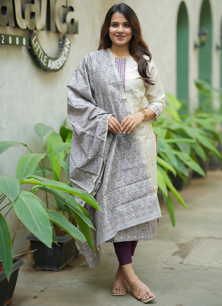 Cream And Purple Woven Cotton Ceremonial Kurta And Dupatta