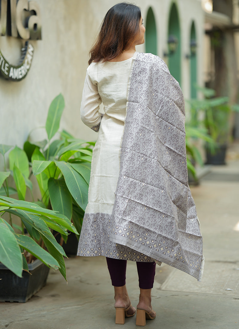 Cream And Purple Woven Cotton Ceremonial Kurta And Dupatta