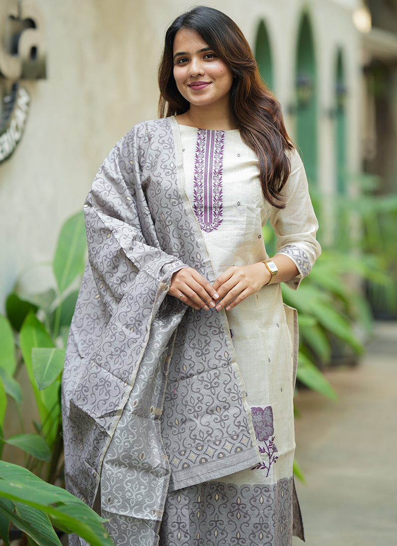 Cream And Purple Woven Cotton Ceremonial Kurta And Dupatta