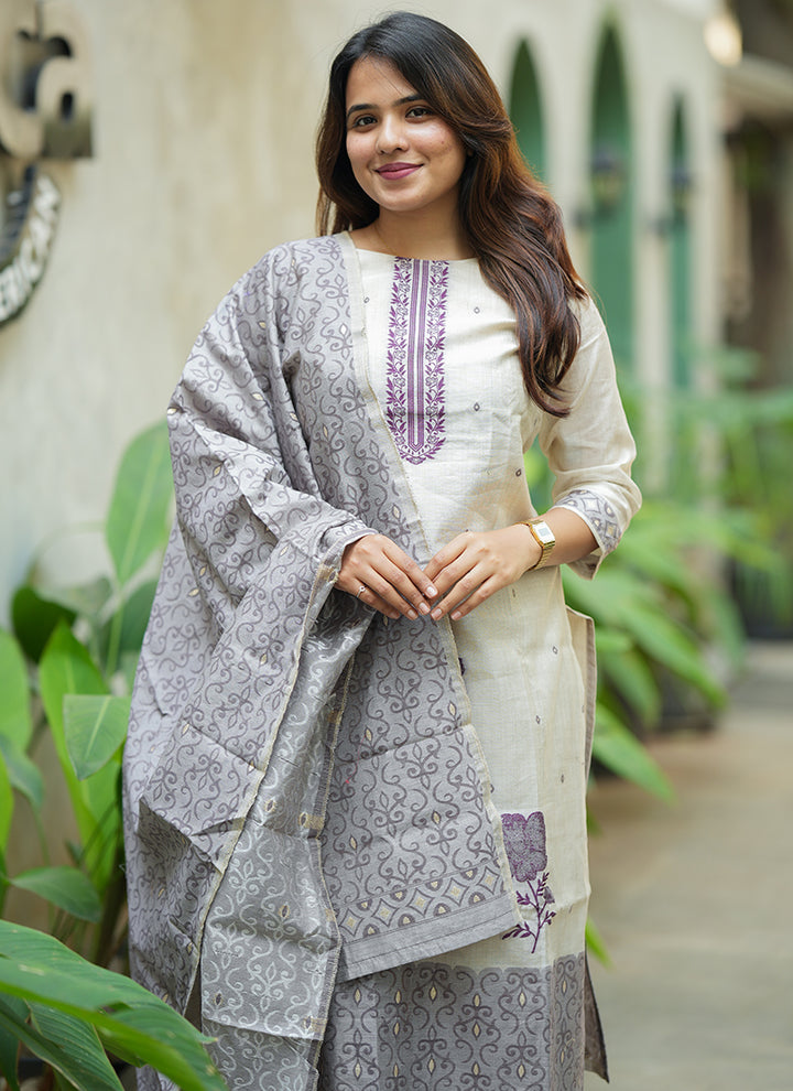 Cream And Purple Woven Cotton Ceremonial Kurta And Dupatta