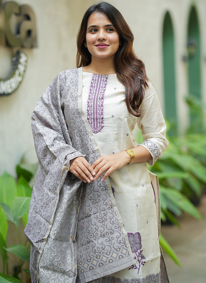 Cream And Purple Woven Cotton Ceremonial Kurta And Dupatta