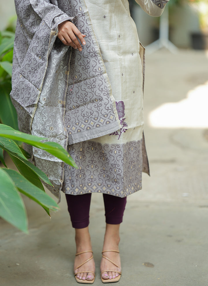 Cream And Purple Woven Cotton Ceremonial Kurta And Dupatta