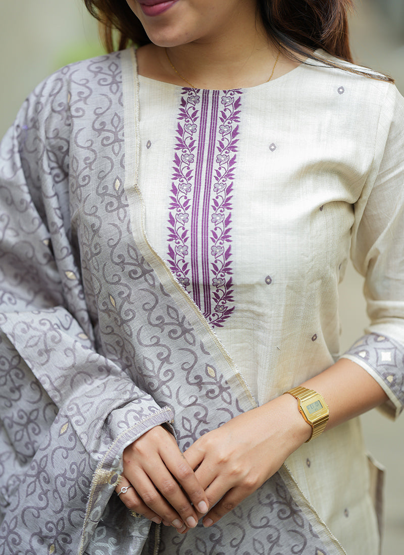 Cream And Purple Woven Cotton Ceremonial Kurta And Dupatta