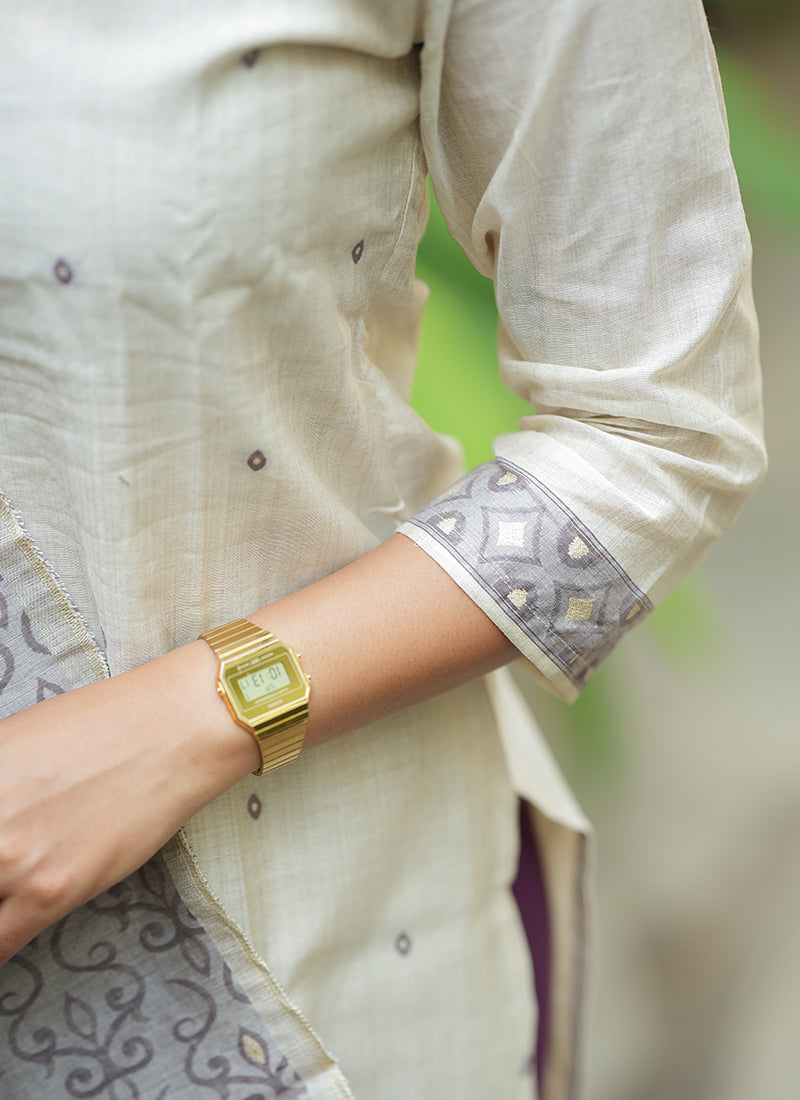 Cream And Purple Woven Cotton Ceremonial Kurta And Dupatta