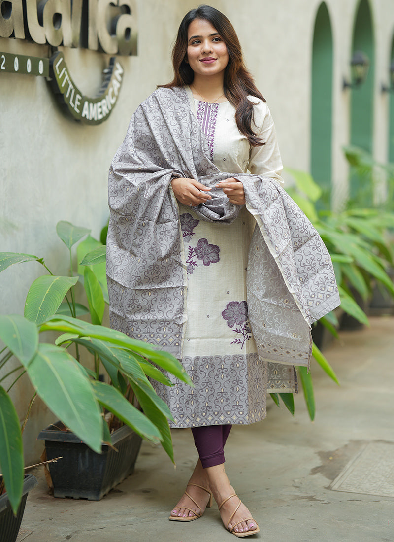 Cream And Purple Woven Cotton Ceremonial Kurta And Dupatta