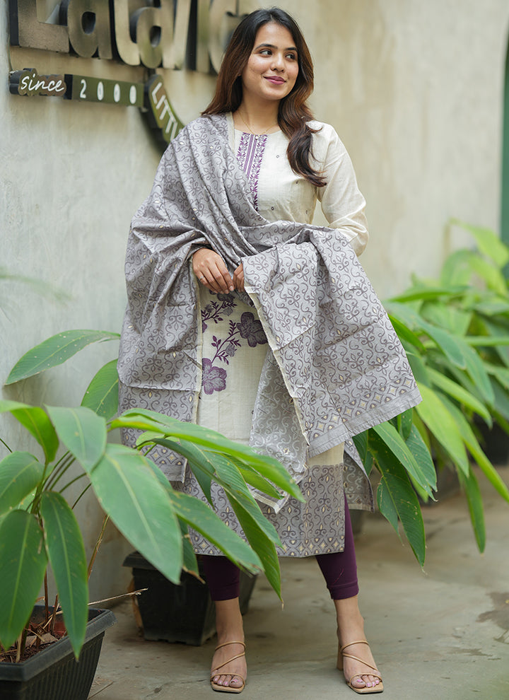 Cream And Purple Woven Cotton Ceremonial Kurta And Dupatta