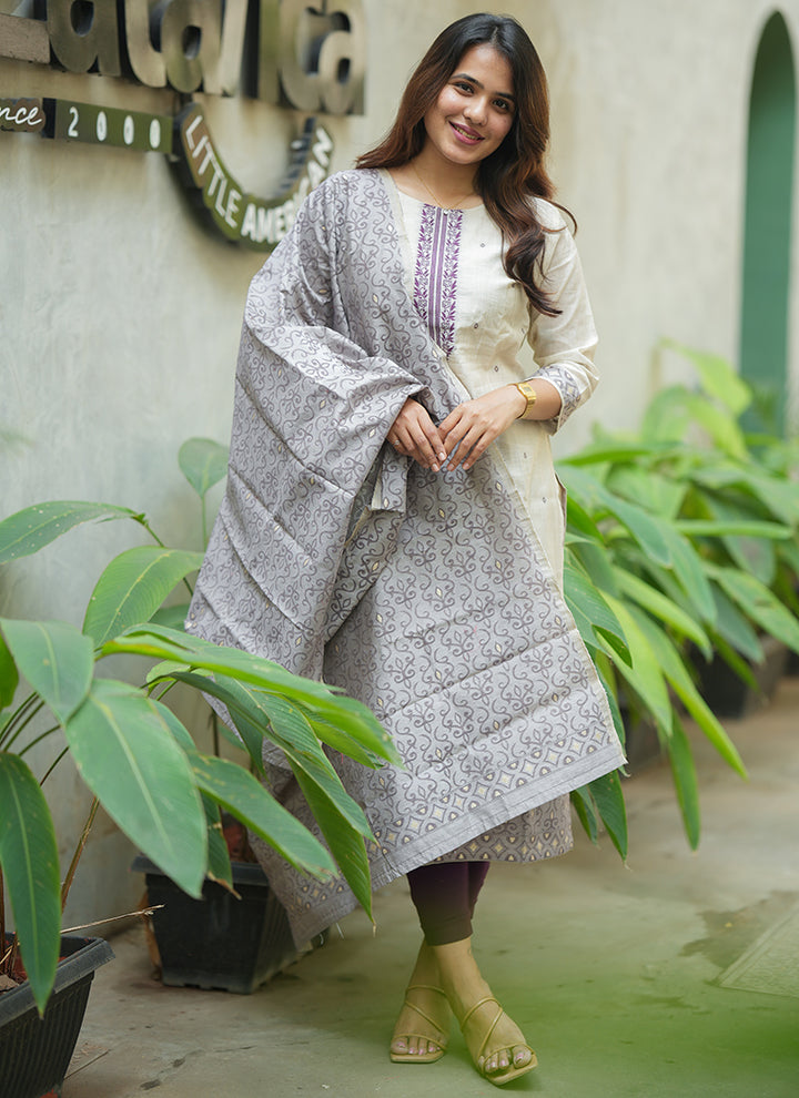 Cream And Purple Woven Cotton Ceremonial Kurta And Dupatta