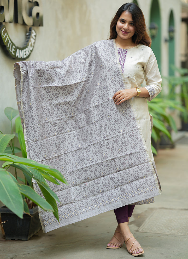 Cream And Purple Woven Cotton Ceremonial Kurta And Dupatta