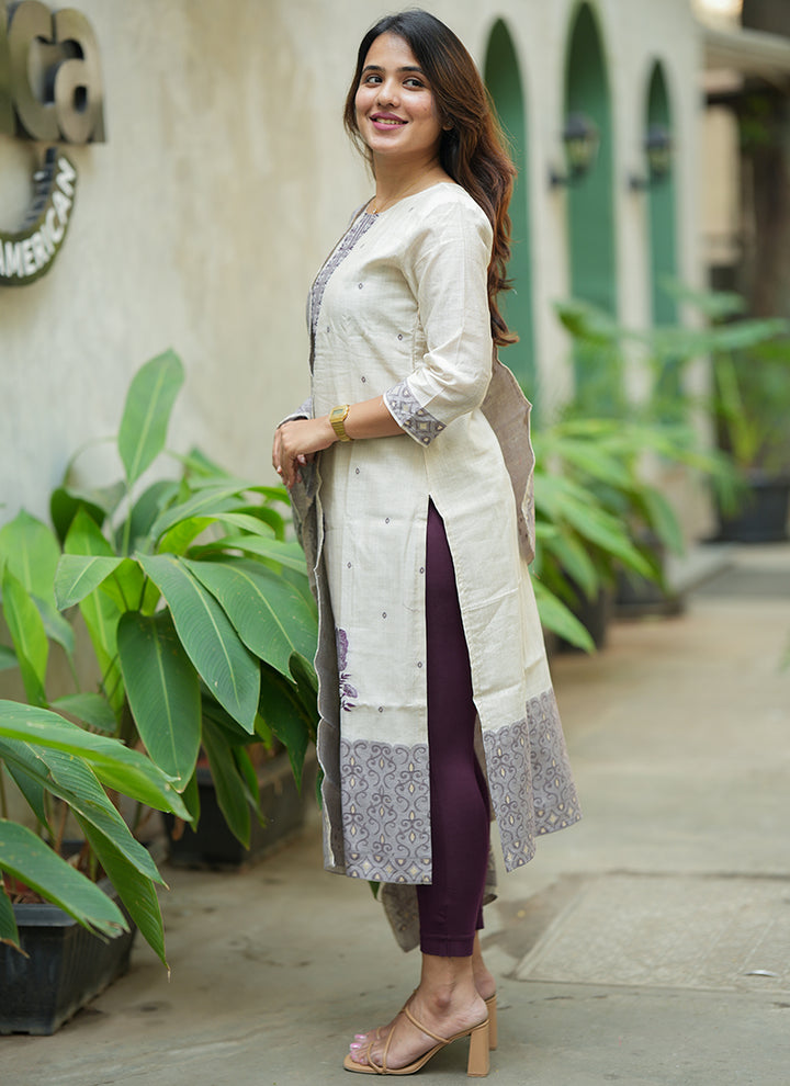Cream And Purple Woven Cotton Ceremonial Kurta And Dupatta