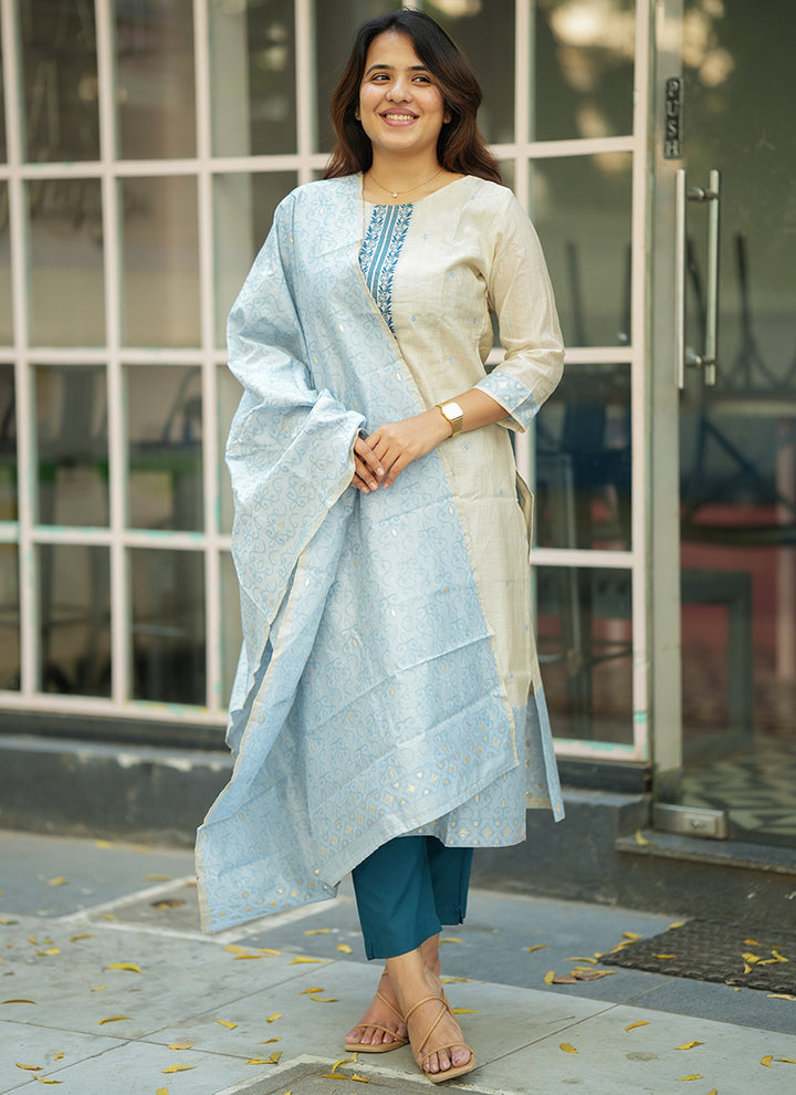 Cream And Sky Blue Woven Cotton Festive Kurta And Dupatta