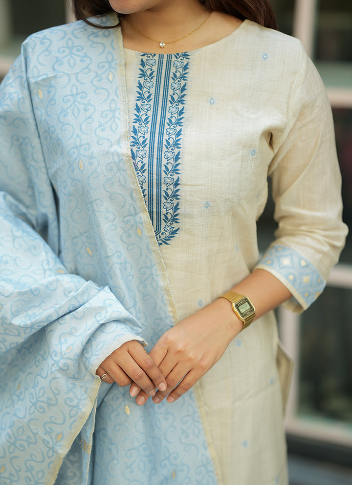 Cream And Sky Blue Woven Cotton Festive Kurta And Dupatta