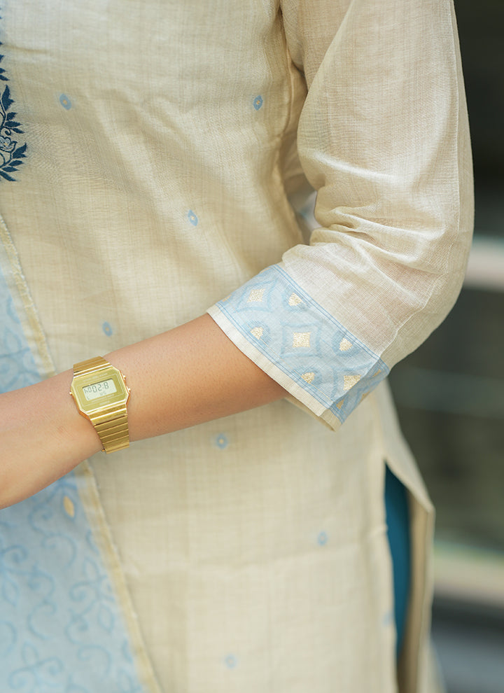 Cream And Sky Blue Woven Cotton Festive Kurta And Dupatta