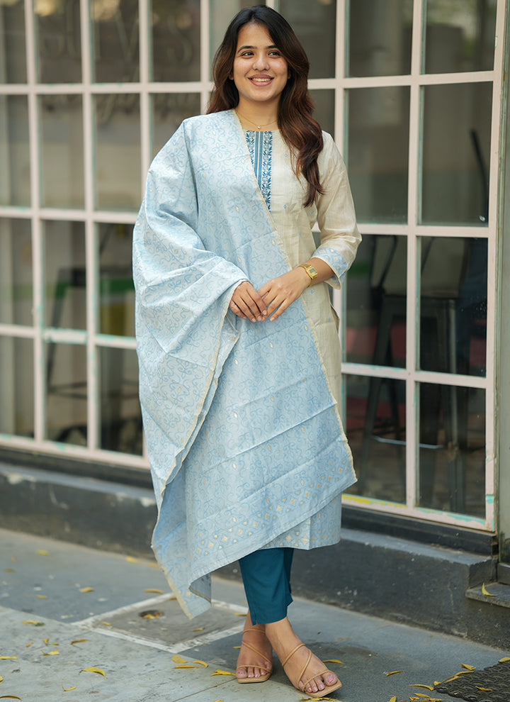 Cream And Sky Blue Woven Cotton Festive Kurta And Dupatta