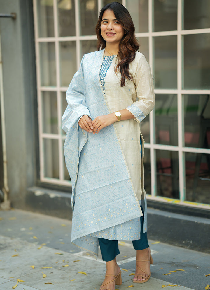 Cream And Sky Blue Woven Cotton Festive Kurta And Dupatta