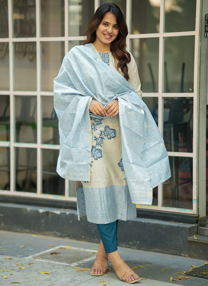 Cream And Sky Blue Woven Cotton Festive Kurta And Dupatta