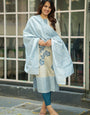 Cream And Sky Blue Woven Cotton Festive Kurta And Dupatta