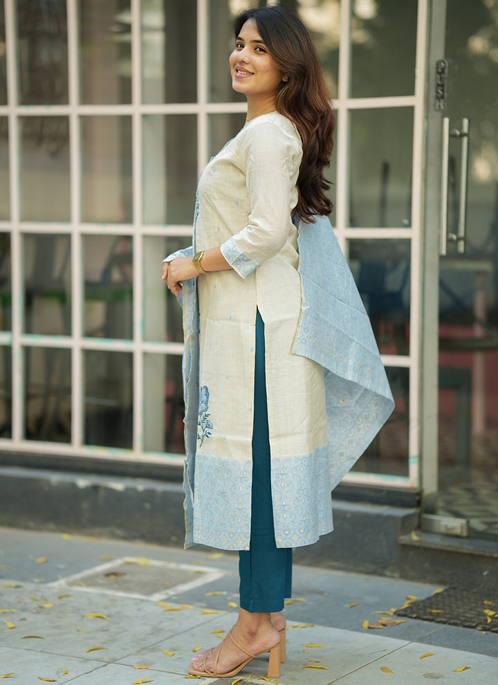 Cream And Sky Blue Woven Cotton Festive Kurta And Dupatta