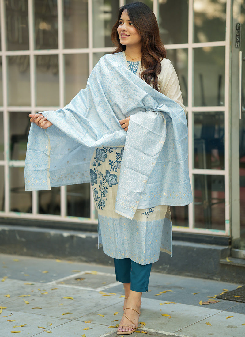 Cream And Sky Blue Woven Cotton Festive Kurta And Dupatta