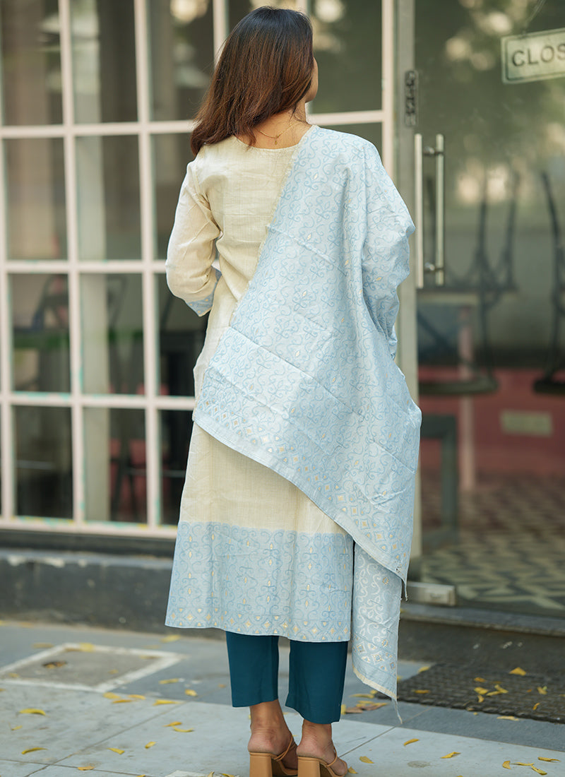 Cream And Sky Blue Woven Cotton Festive Kurta And Dupatta