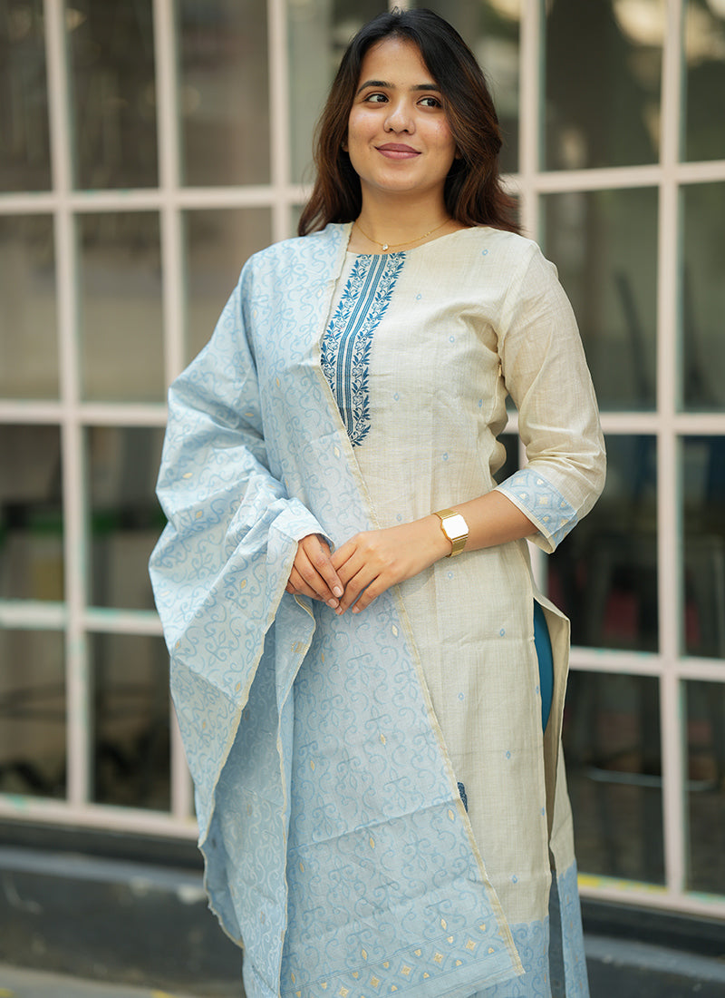 Cream And Sky Blue Woven Cotton Festive Kurta And Dupatta