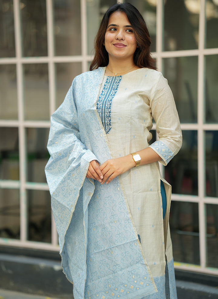 Cream And Sky Blue Woven Cotton Festive Kurta And Dupatta