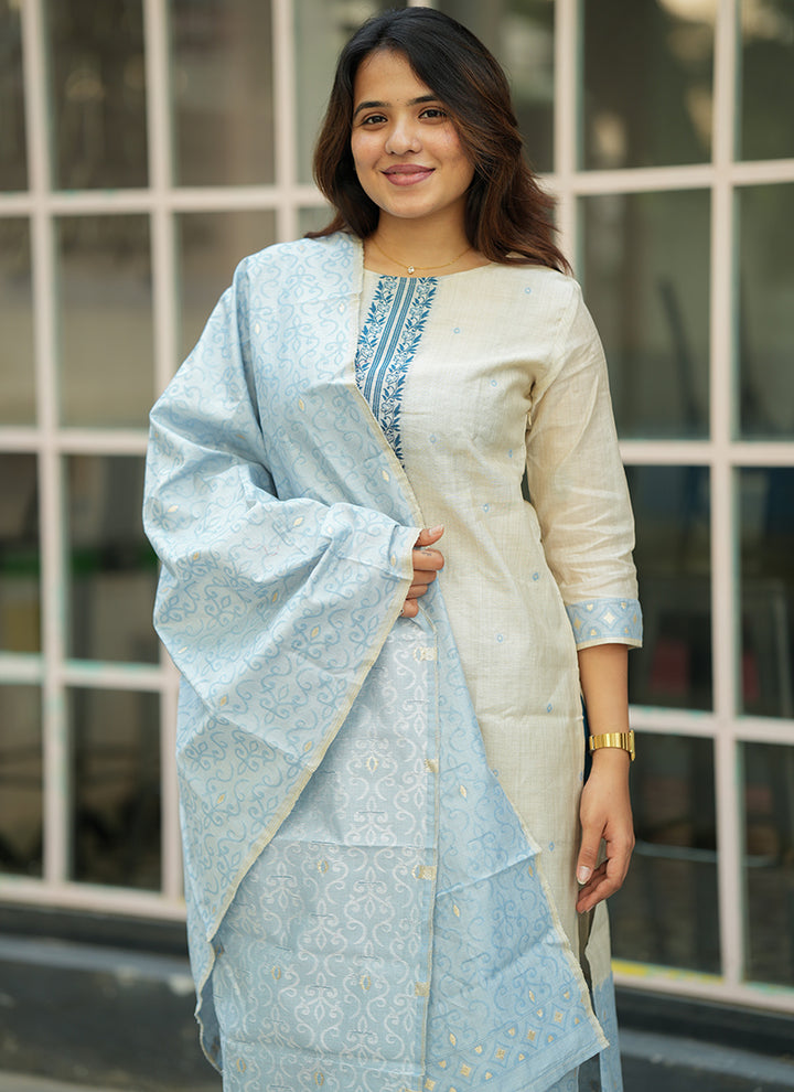 Cream And Sky Blue Woven Cotton Festive Kurta And Dupatta