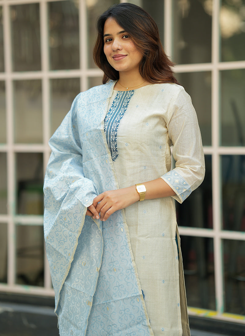 Cream And Sky Blue Woven Cotton Festive Kurta And Dupatta