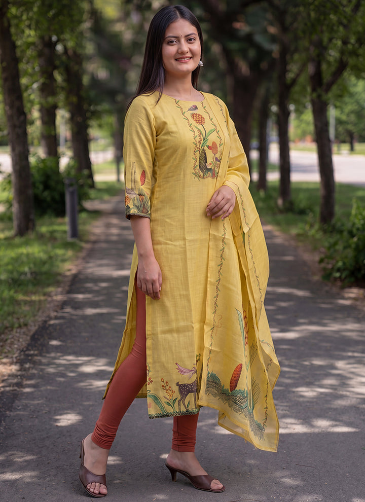 Yellow Jamdani Cotton Digital Printed Kurta And Dupatta