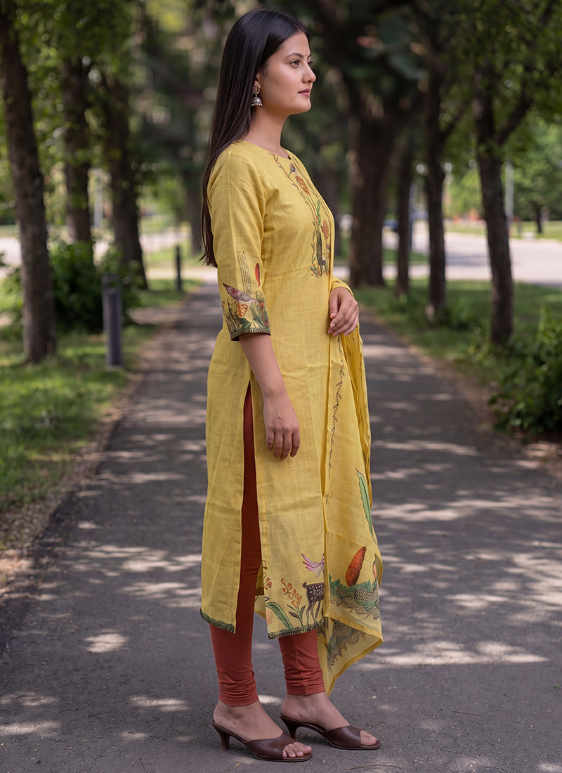 Yellow Jamdani Cotton Digital Printed Kurta And Dupatta