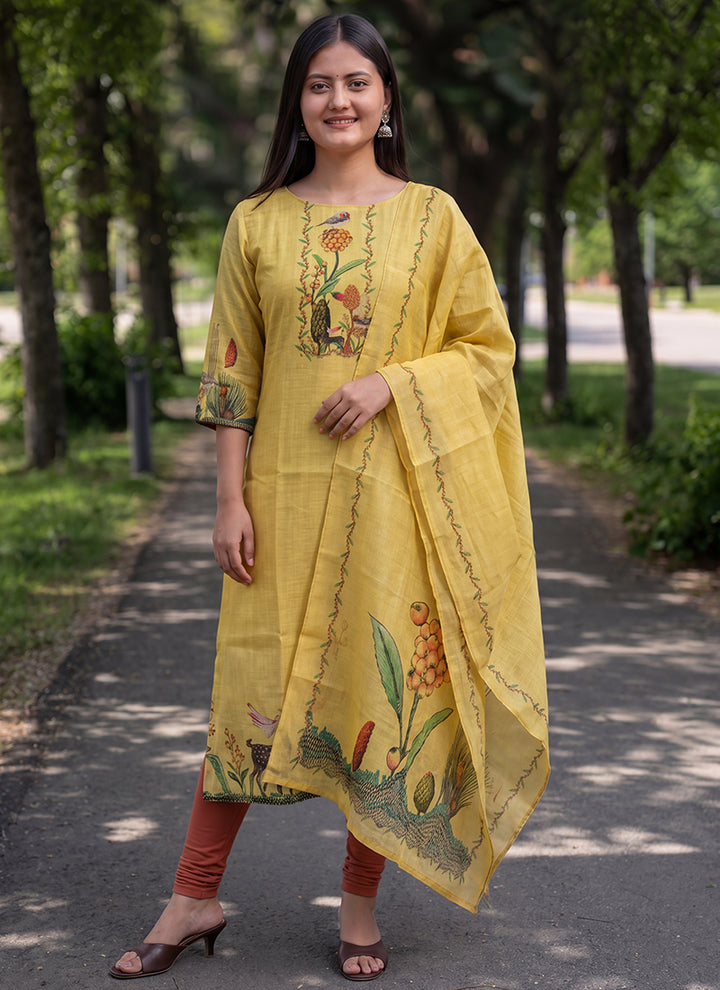 Yellow Jamdani Cotton Digital Printed Kurta And Dupatta