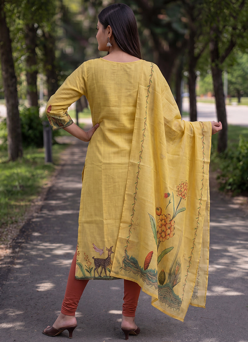 Yellow Jamdani Cotton Digital Printed Kurta And Dupatta