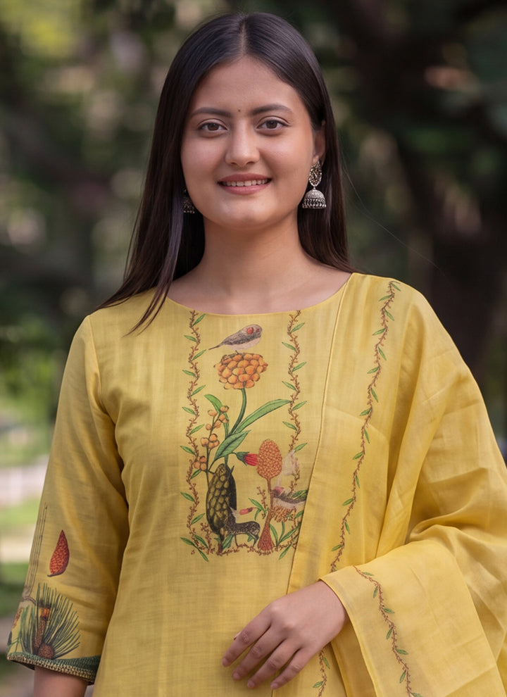 Yellow Jamdani Cotton Digital Printed Kurta And Dupatta