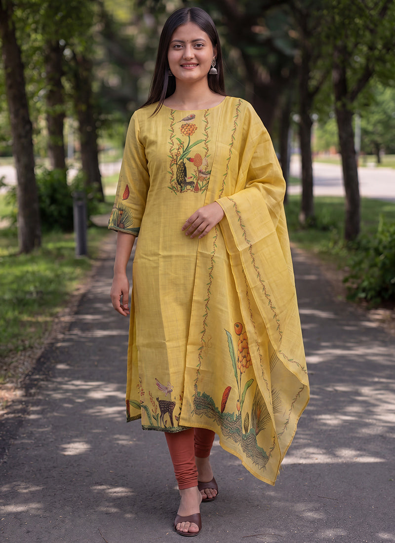 Yellow Jamdani Cotton Digital Printed Kurta And Dupatta
