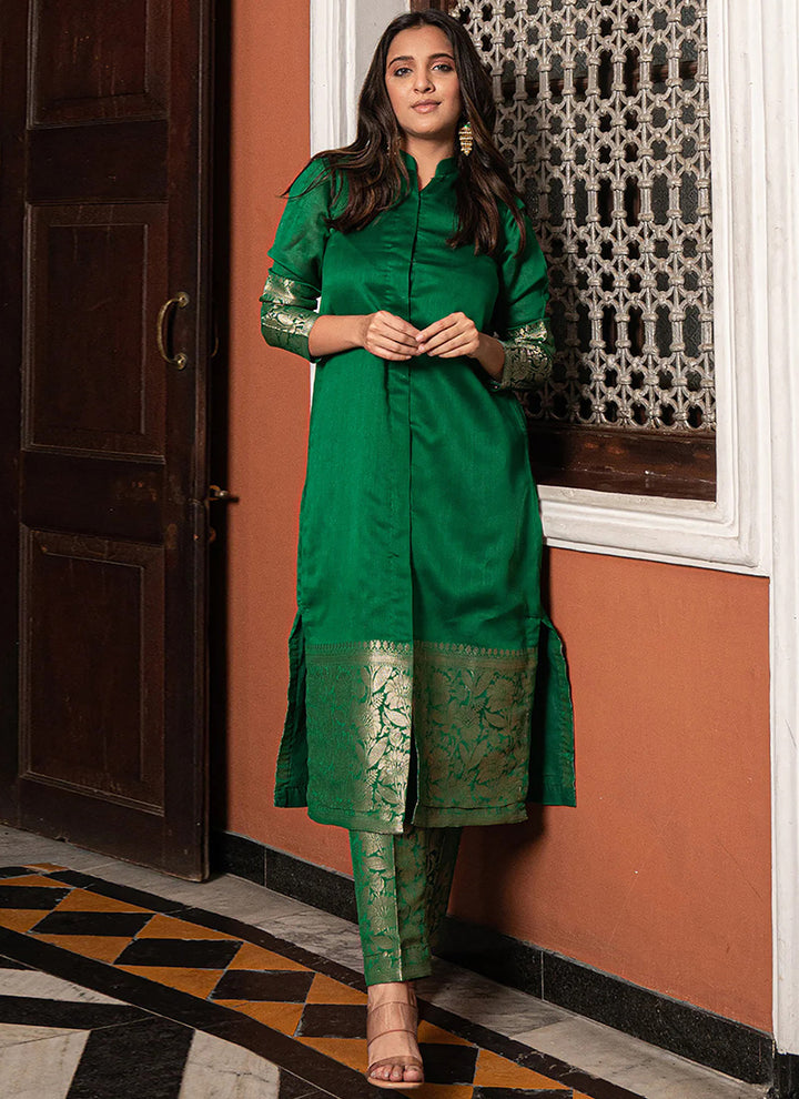 Green Weaving Jacquard Festive Kurta And Pant