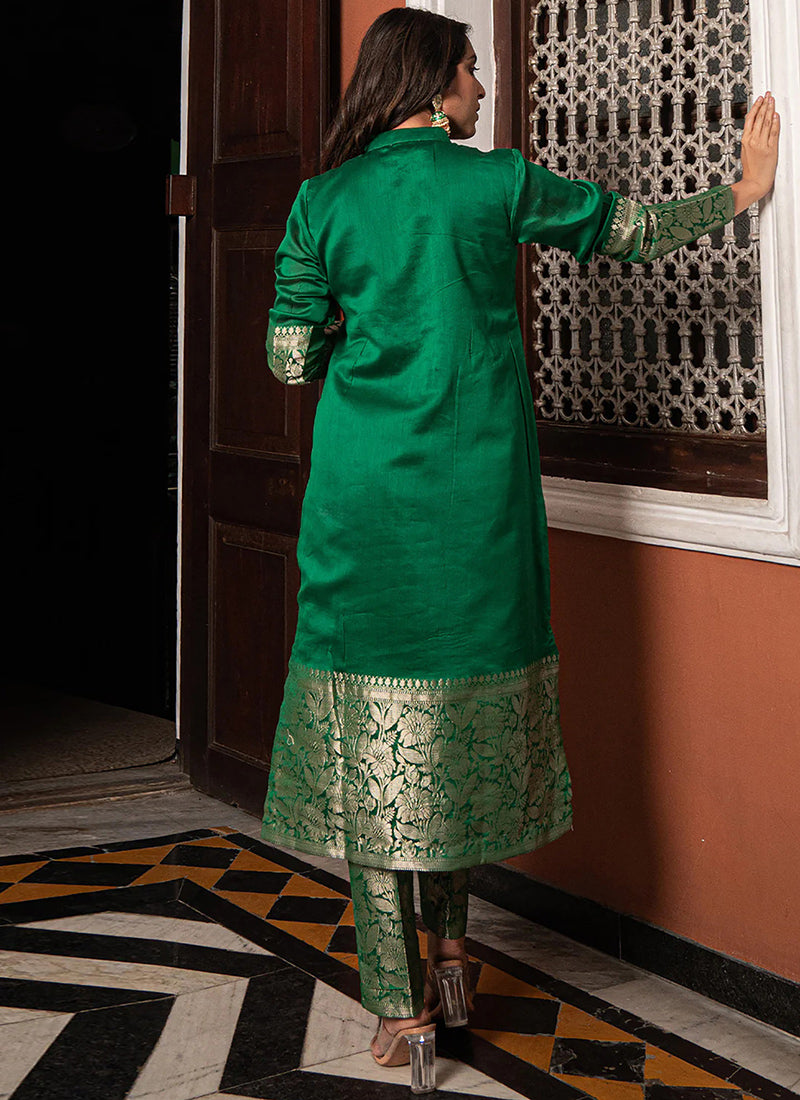 Green Weaving Jacquard Festive Kurta And Pant