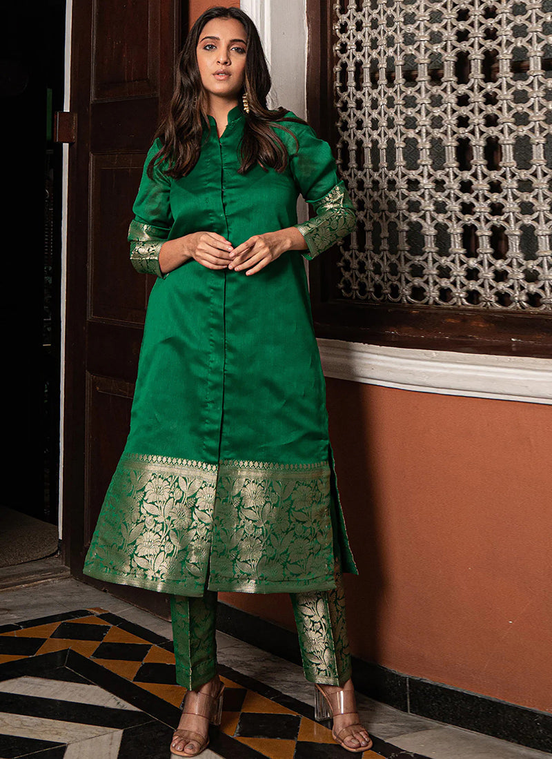 Green Weaving Jacquard Festive Kurta And Pant