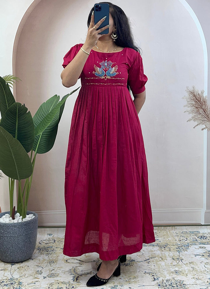 Magenta Mul Cotton Handwork Ceremonial Wear Kurti