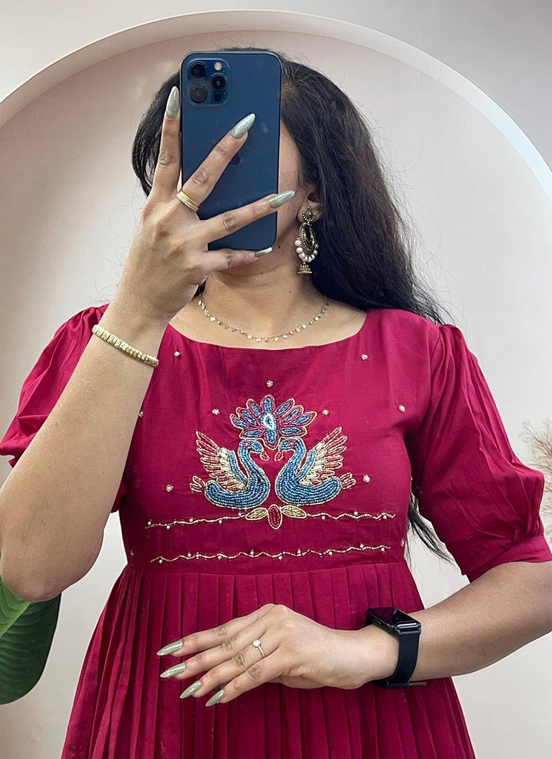 Magenta Mul Cotton Handwork Ceremonial Wear Kurti