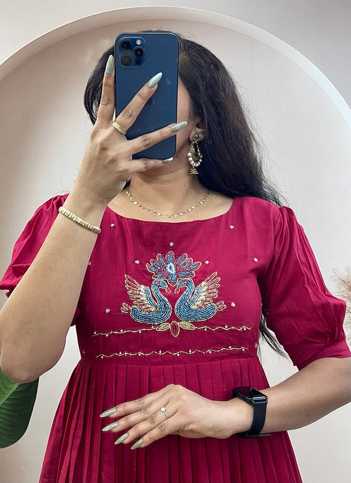 Magenta Mul Cotton Handwork Ceremonial Wear Kurti