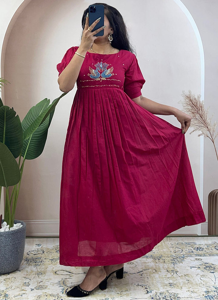 Magenta Mul Cotton Handwork Ceremonial Wear Kurti