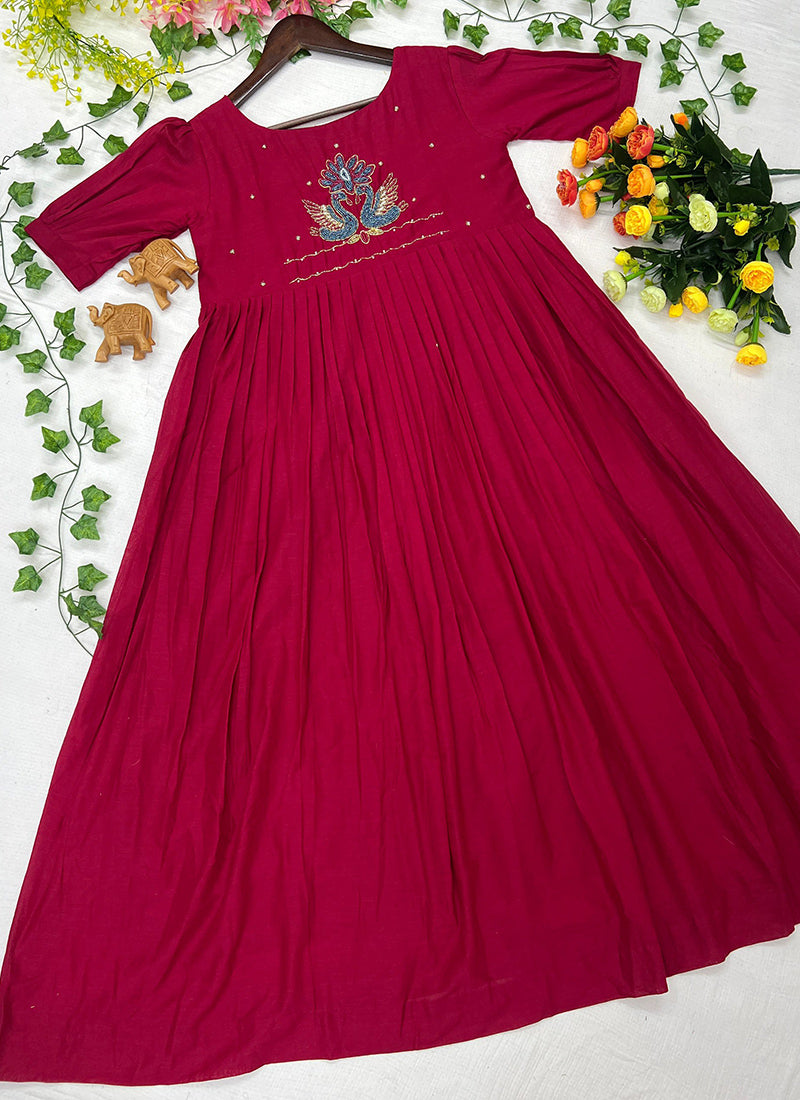 Magenta Mul Cotton Handwork Ceremonial Wear Kurti