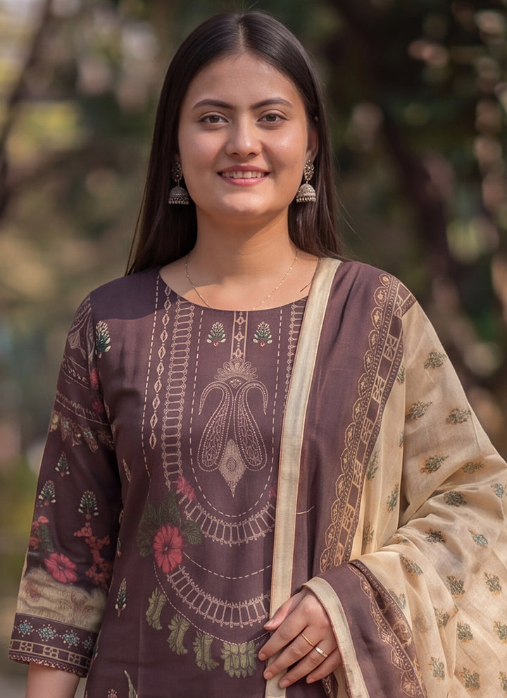 Brown Jamdani Cotton Woven Festive Kurta And Dupatta