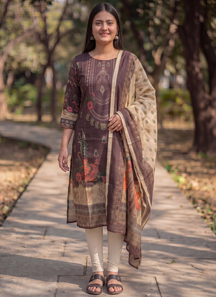 Brown Jamdani Cotton Woven Festive Kurta And Dupatta