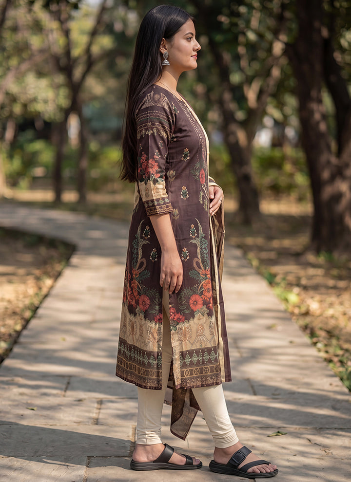Brown Jamdani Cotton Woven Festive Kurta And Dupatta