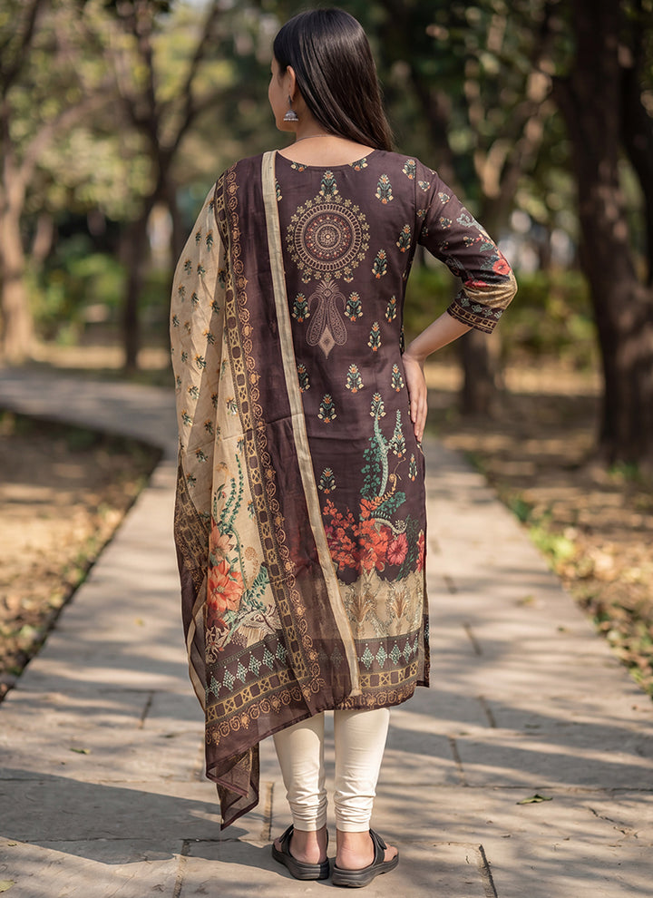 Brown Jamdani Cotton Woven Festive Kurta And Dupatta