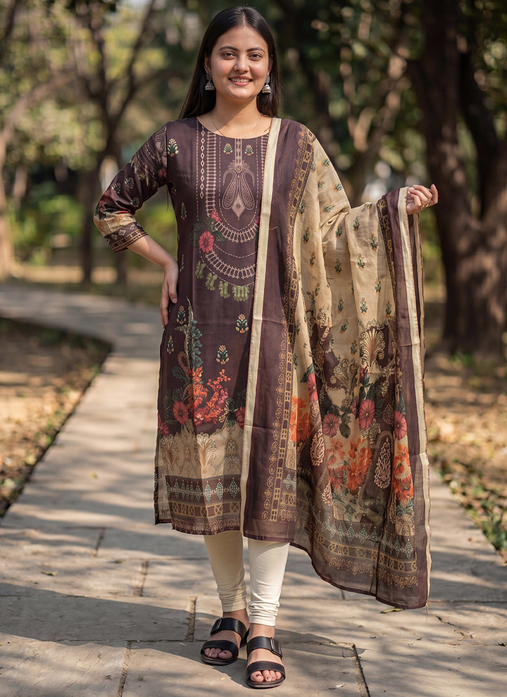 Brown Jamdani Cotton Woven Festive Kurta And Dupatta