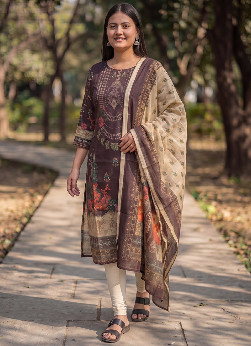 Brown Jamdani Cotton Woven Festive Kurta And Dupatta