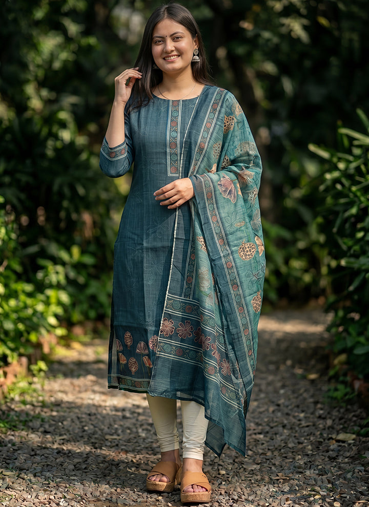 Blue Cotton Woven Ceremonial Kurta And Dupatta