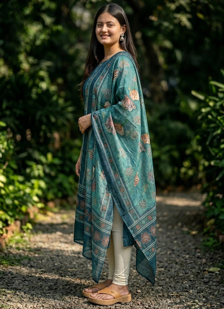Blue Cotton Woven Ceremonial Kurta And Dupatta